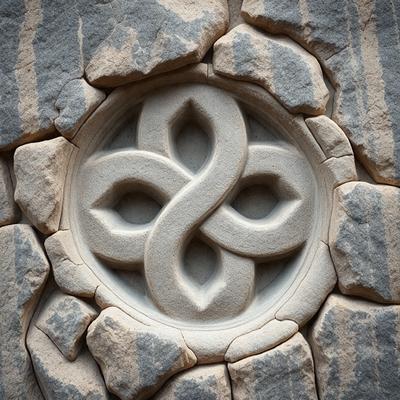 The primary subject of the image is a carved stone design featuring a cross and a circle. The setting is a stone wall, and the visual style is a close-up of the intricate carving. The colors and mood of the image are predominantly gray, giving it a somewhat solemn or historic atmosphere.